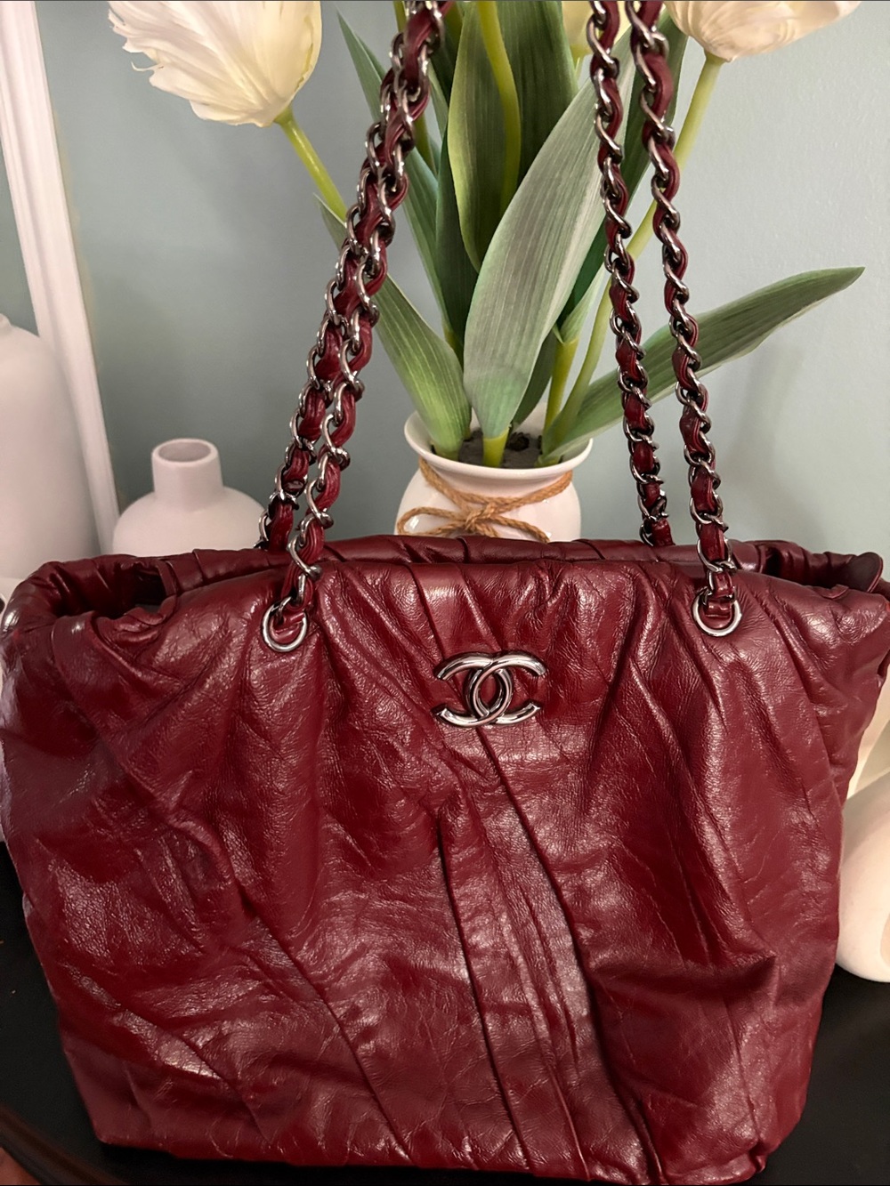 CHANEL Deep Wine Quilted Leather Shoulder Bag with Chain Straps